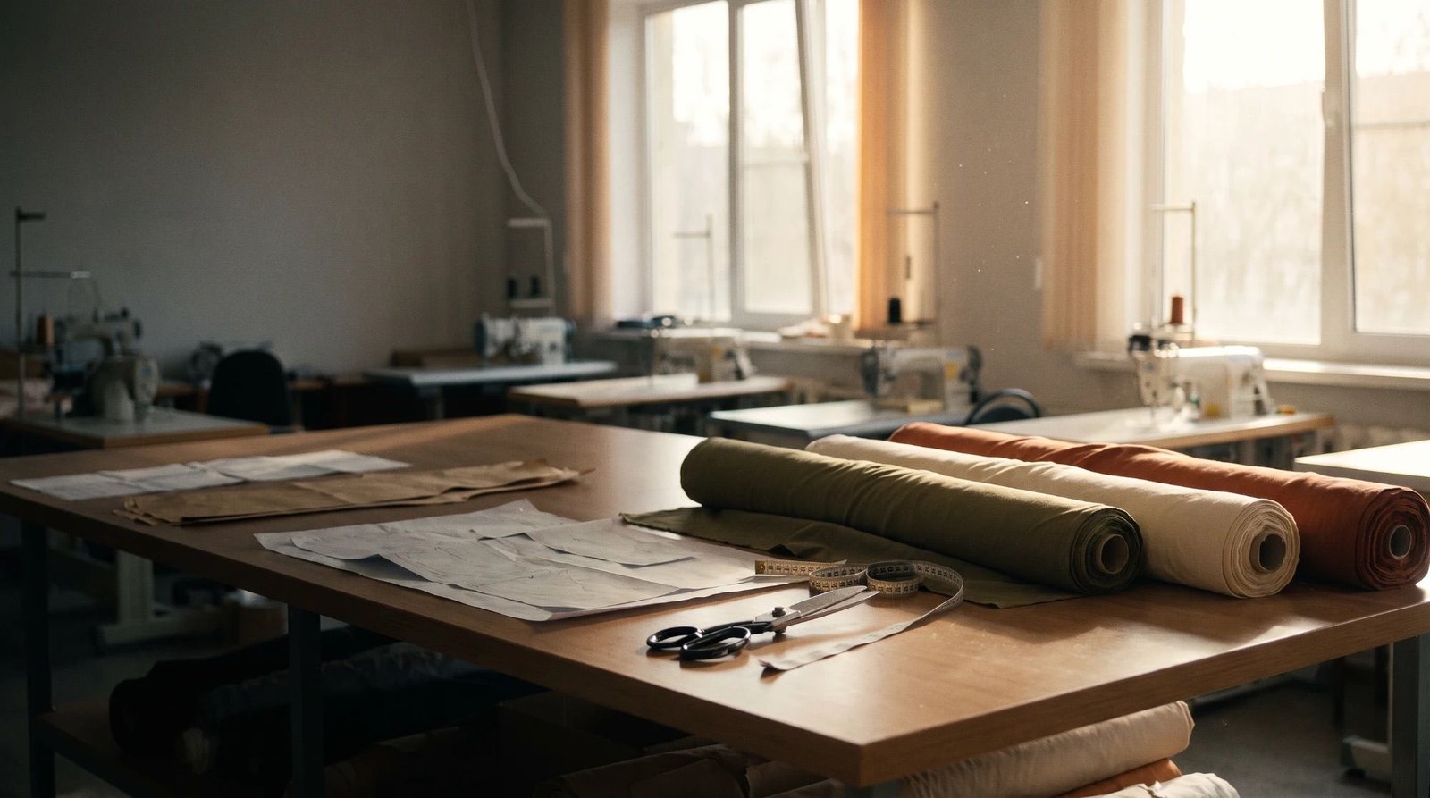 A sunlit sample room with fabric rolls, paper patterns, a tape measure, and shears on a cutting table
